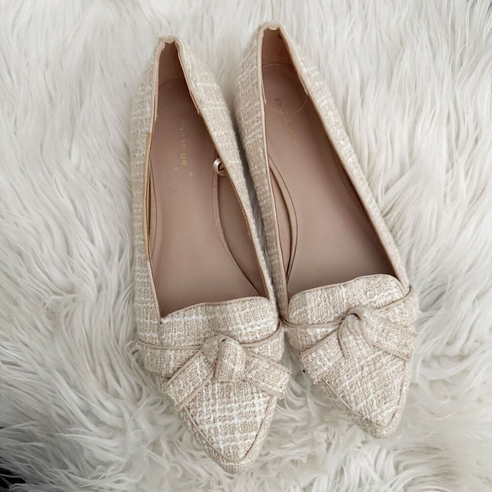 ANN TAYLOR | Textile Upper Plaid Off White Tan Bow Loafers Tweed Flats | 8.5 - Picture 2 of 7